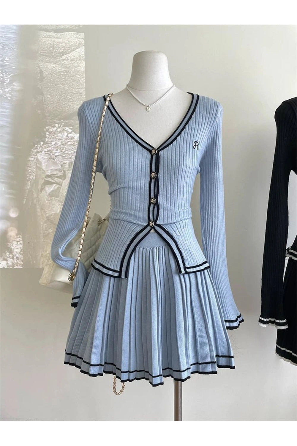 Retro Button-Up Pleated Skirt Outfit Set Blue Shoptery