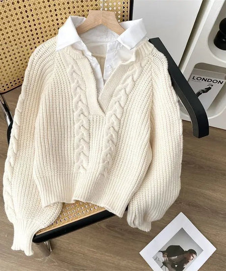 Classic Cable Knit Collared Sweater - Sweaters