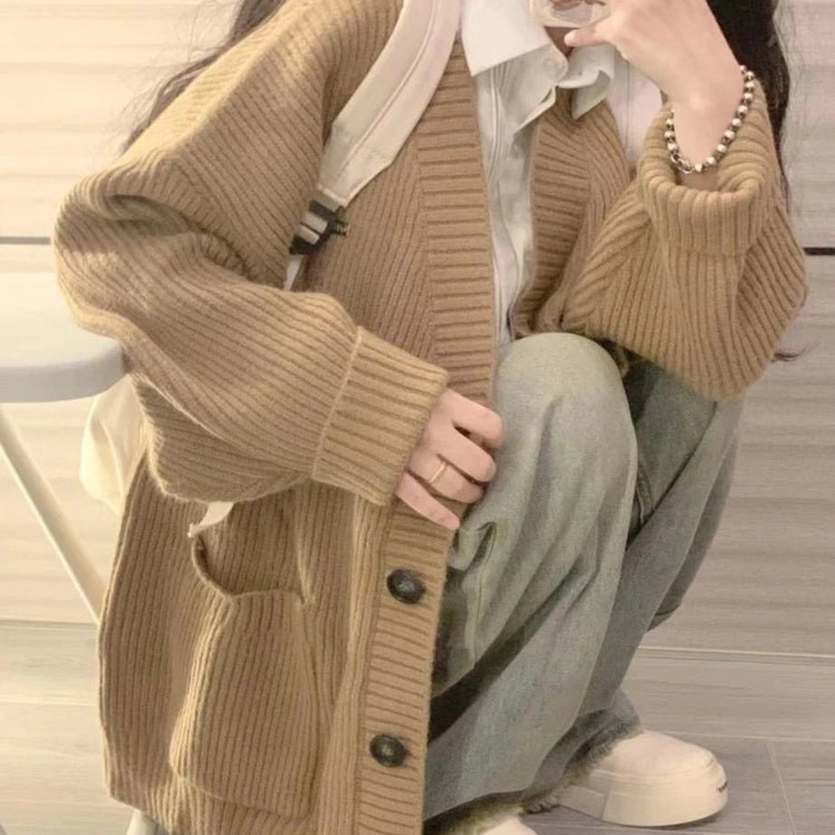 Retro Classic Camel Ribbed Cardigan Shoptery