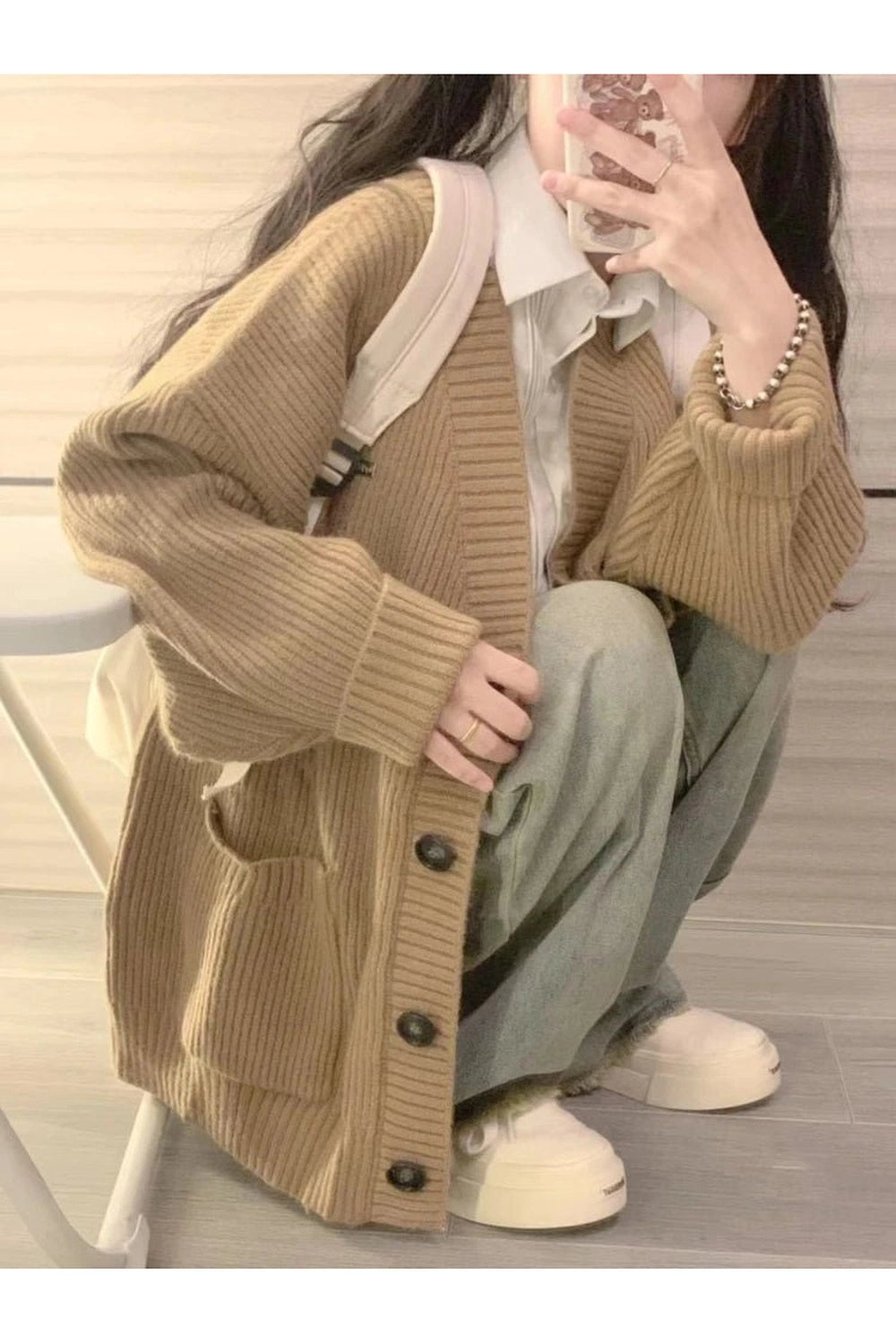 Retro Classic Camel Ribbed Cardigan Shoptery