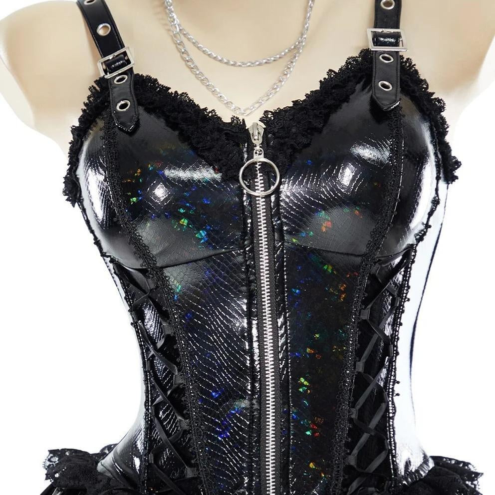 Visual Kei Holographic PVC Corset Ruffle Mini Dress Set Shoptery
