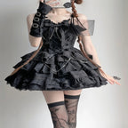 Jirai Kei Black Cross Chain Lace-Up Ruffle Mini Dress Set Only dresses Shoptery