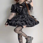 Jirai Kei Black Cross Chain Lace-Up Ruffle Mini Dress Set Shoptery