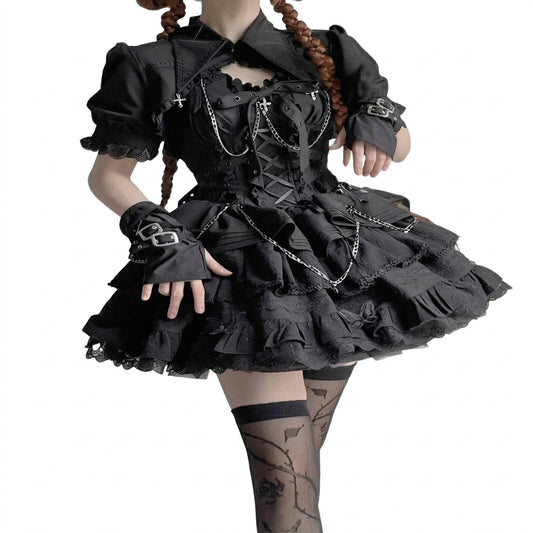 Jirai Kei Black Cross Chain Lace-Up Ruffle Mini Dress Set Shoptery