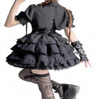 Jirai Kei Black Cross Chain Lace-Up Ruffle Mini Dress Set 2 piece set Shoptery