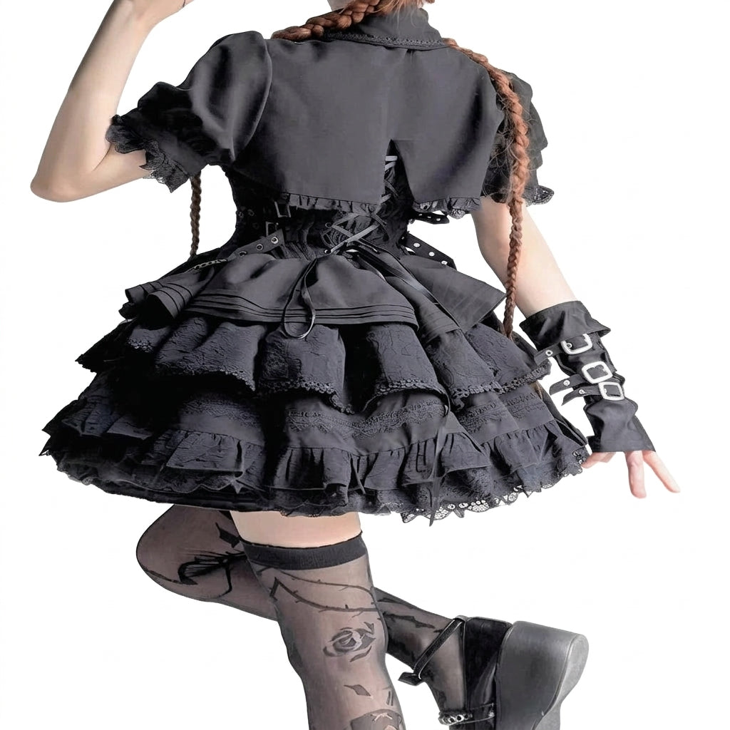 Jirai Kei Black Cross Chain Lace-Up Ruffle Mini Dress Set 2 piece set Shoptery