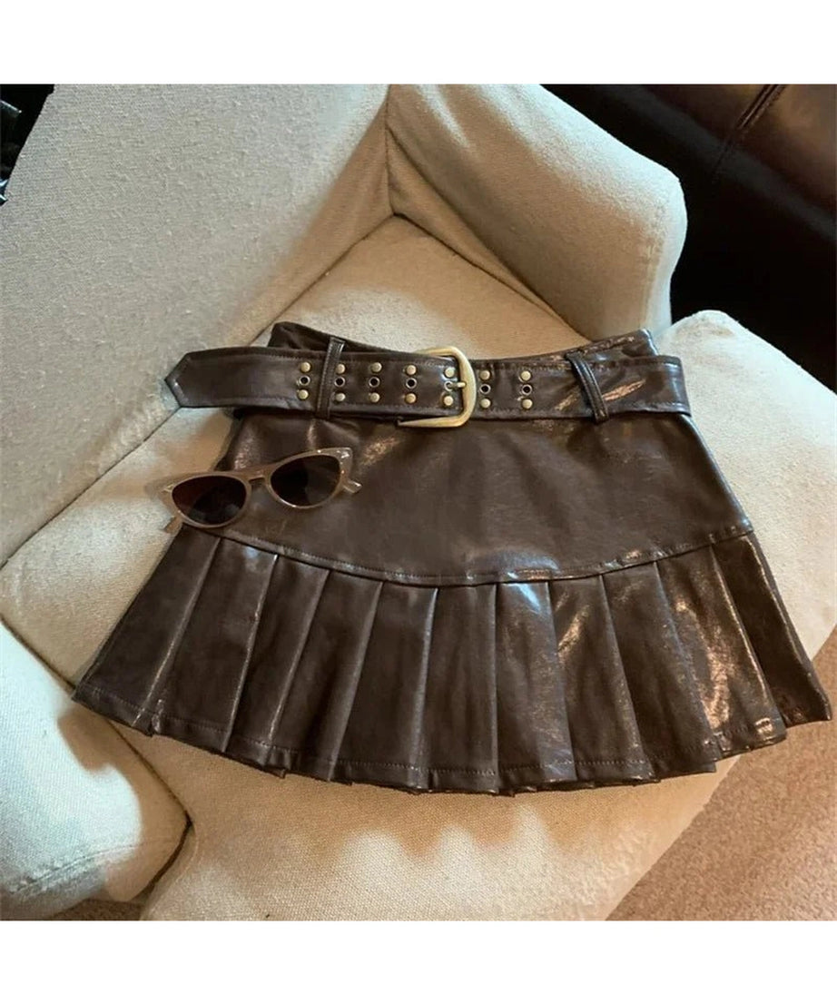 Coffee Leather Pleated Skirt - Skirts