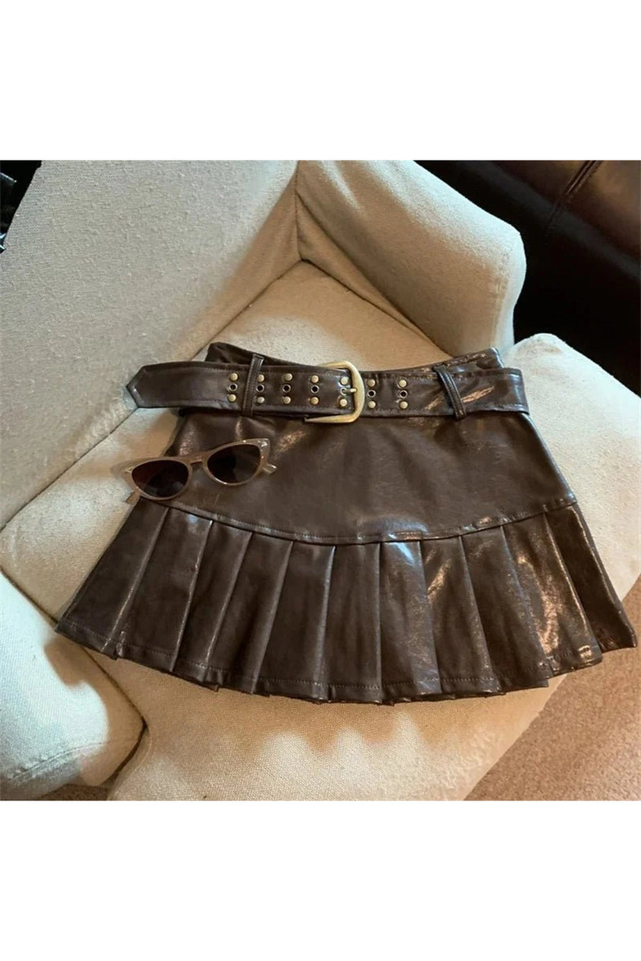 Coffee Leather Pleated Skirt - Skirts