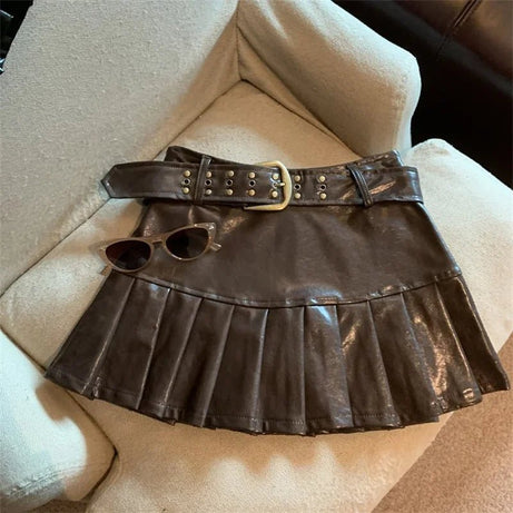Coffee Leather Pleated Skirt - Skirts