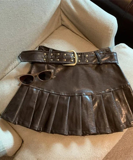 Coffee Leather Pleated Skirt - Skirts