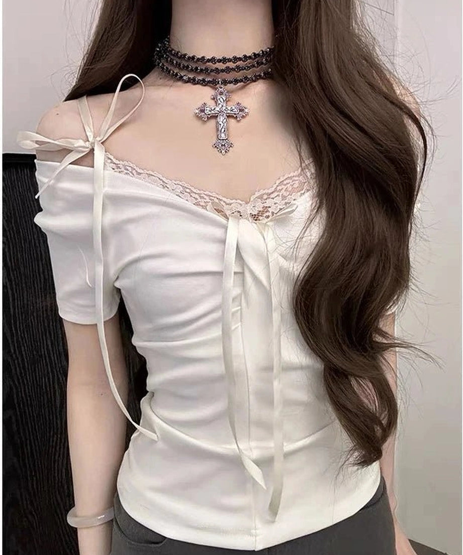 Coquette Lace Up Shoulder Tops - Shirts & Tops