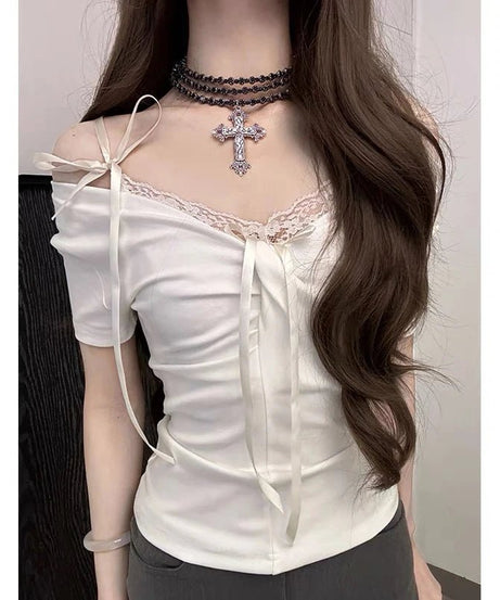 Coquette Lace Up Shoulder Tops - Shirts & Tops