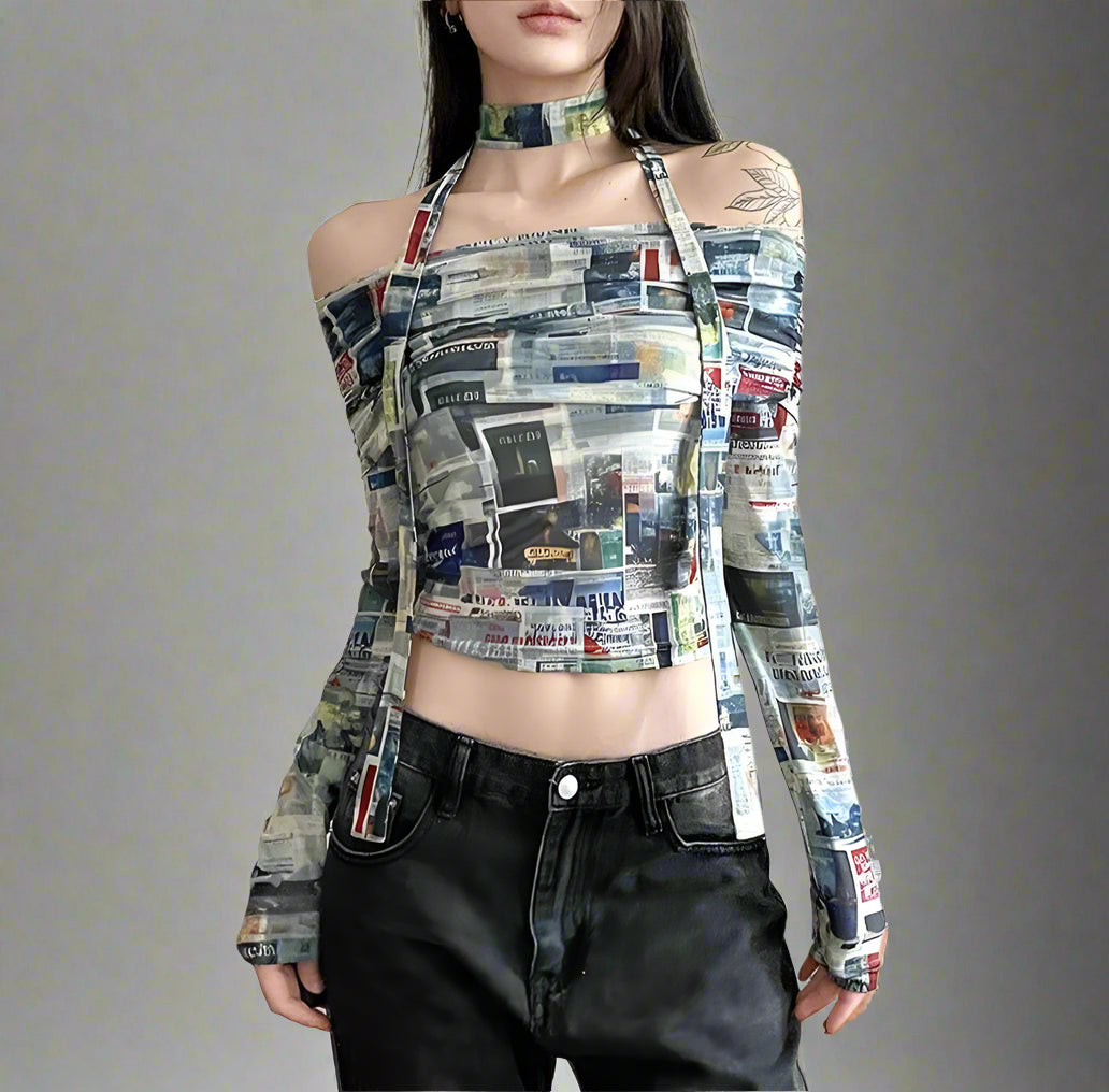 Alt Mesh Printed Crop Top multicolor Shoptery