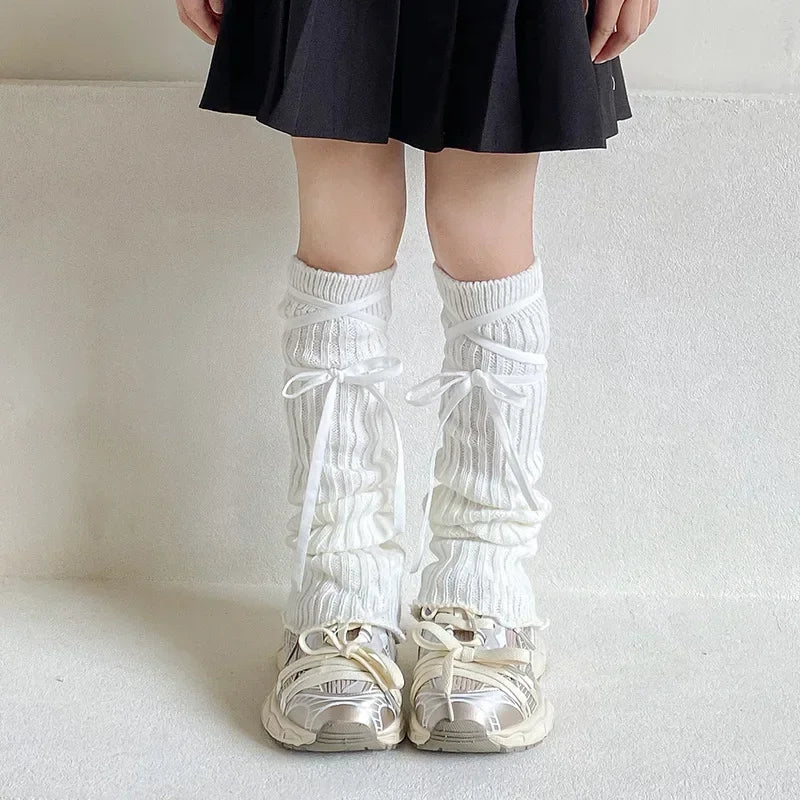 Coquette Lace-Up Knit Leg Warmers WHITE One Size Shoptery