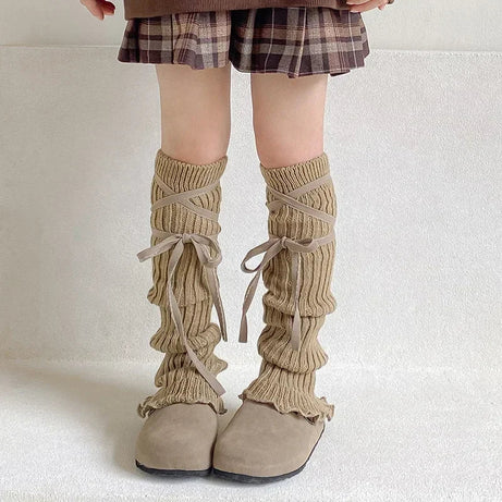 Coquette Lace-Up Knit Leg Warmers Khaki One Size Shoptery