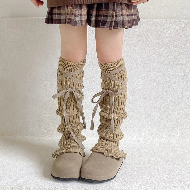 Coquette Lace-Up Knit Leg Warmers Khaki One Size Shoptery