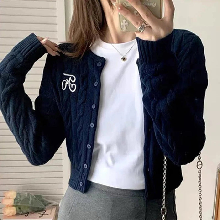 Acubi Fall Cozy Cable-Knit Buttoned Cardigan Navy Blue Shoptery