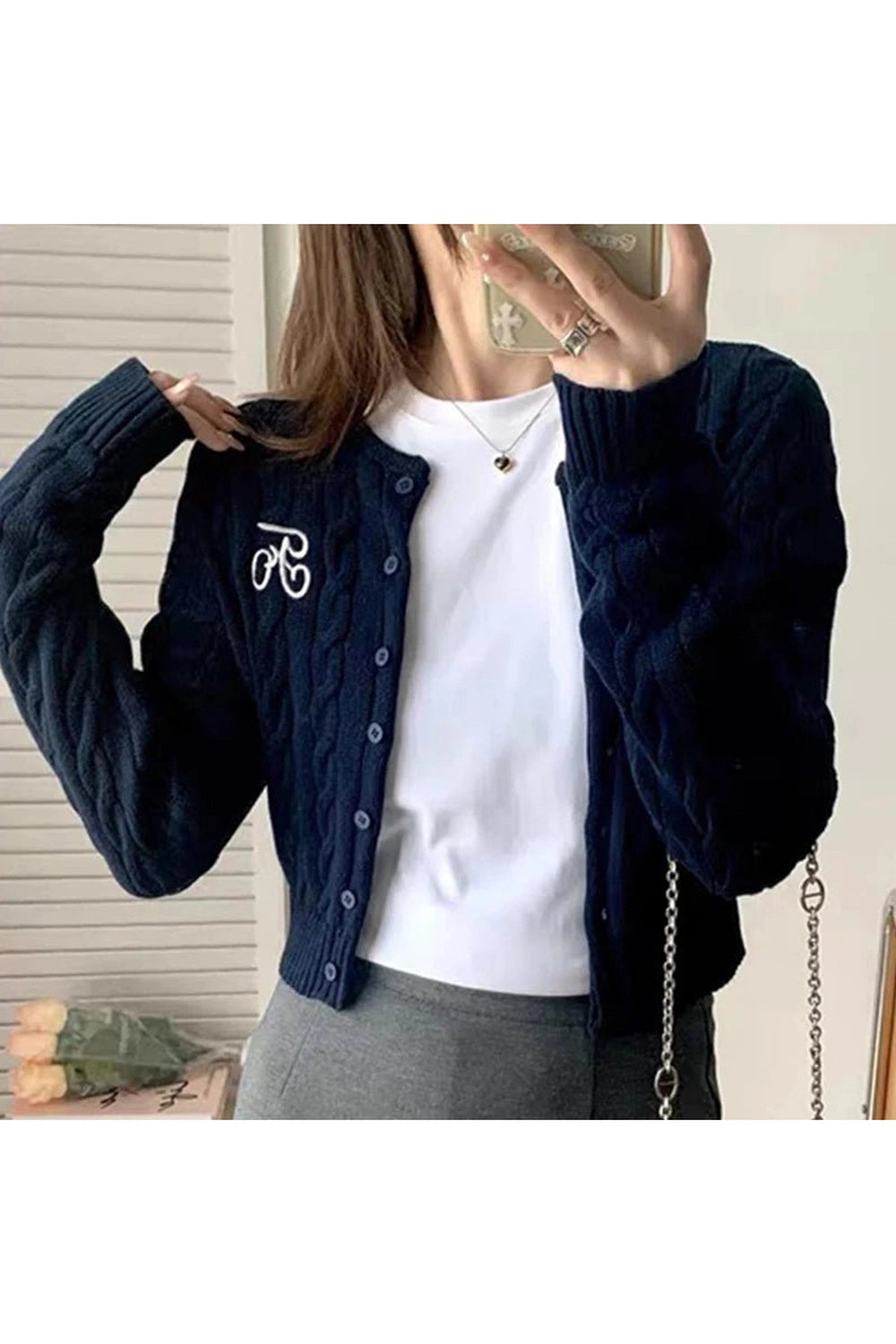 Acubi Fall Cozy Cable-Knit Buttoned Cardigan Navy Blue Shoptery