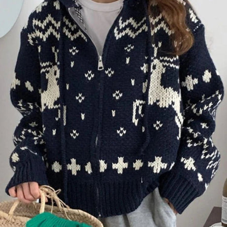 Retro Cozy Nordic Zip Cardigan Navy Blue One Size Shoptery