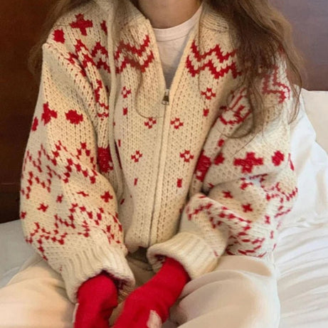 Retro Cozy Nordic Zip Cardigan Red One Size Shoptery