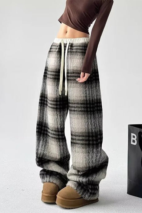 Cozy Plaid Wide - Leg Sweatpants - 