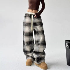 Retro Cozy Plaid Wide-Leg Sweatpants Shoptery