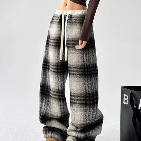 Retro Cozy Plaid Wide-Leg Sweatpants Picture Color Shoptery