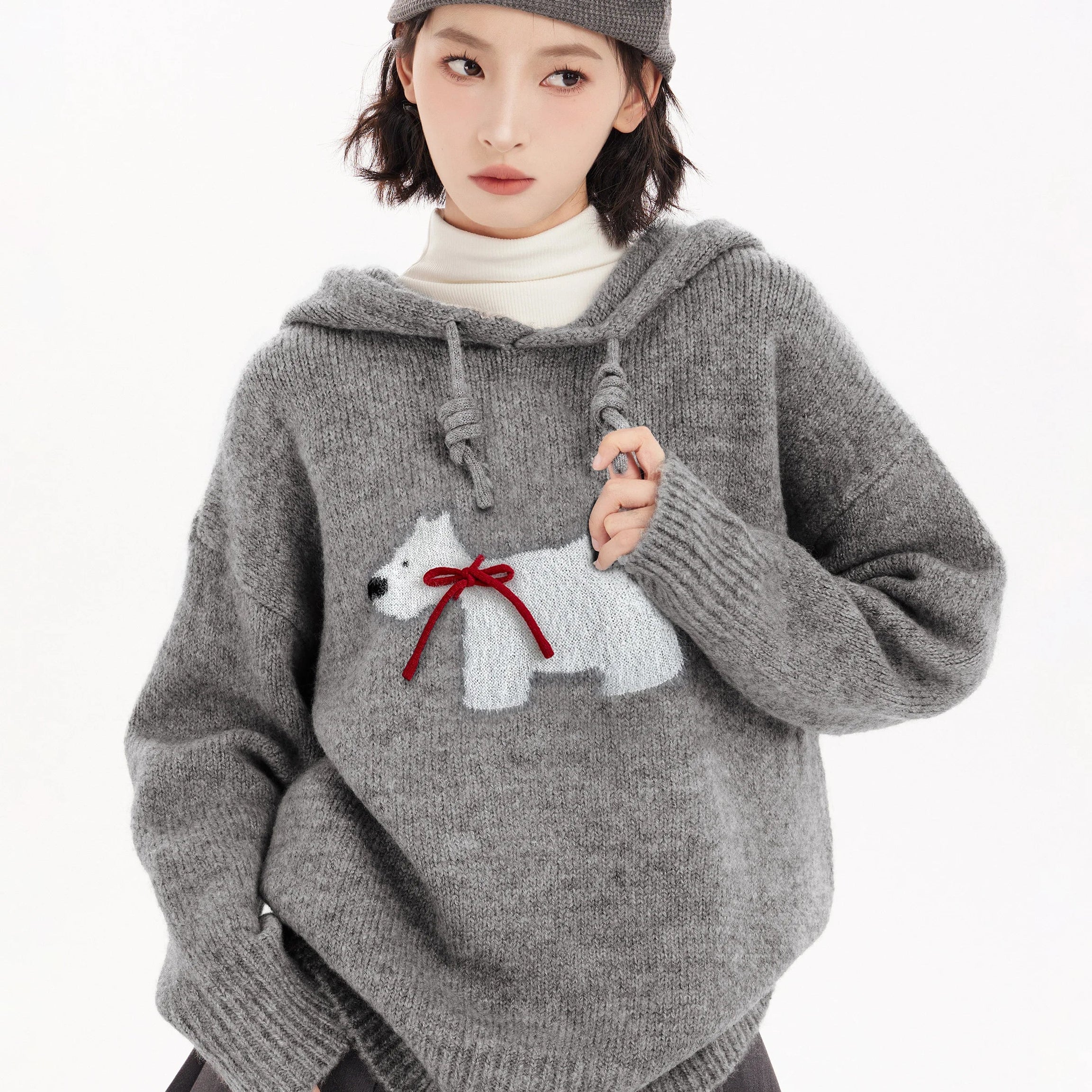 Acubi Cozy Polar Charm Knit Hoodie gray One Size Shoptery