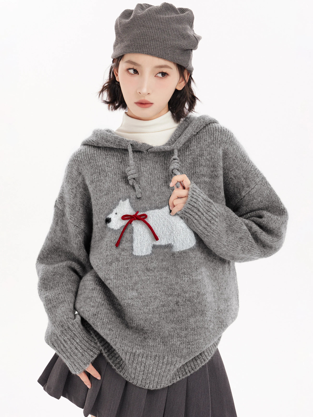 Acubi Cozy Polar Charm Knit Hoodie gray One Size Shoptery