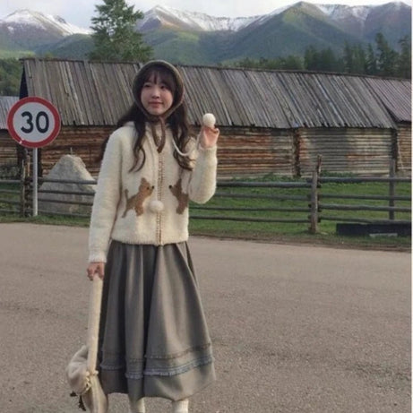 Kawaii Cozy Puppy Pom-Pom Cardigan Shoptery