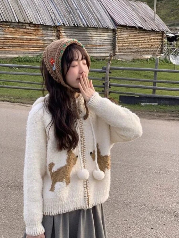 Kawaii Cozy Puppy Pom-Pom Cardigan Shoptery