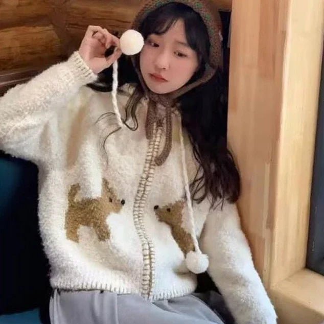 Kawaii Cozy Puppy Pom-Pom Cardigan WHITE Shoptery