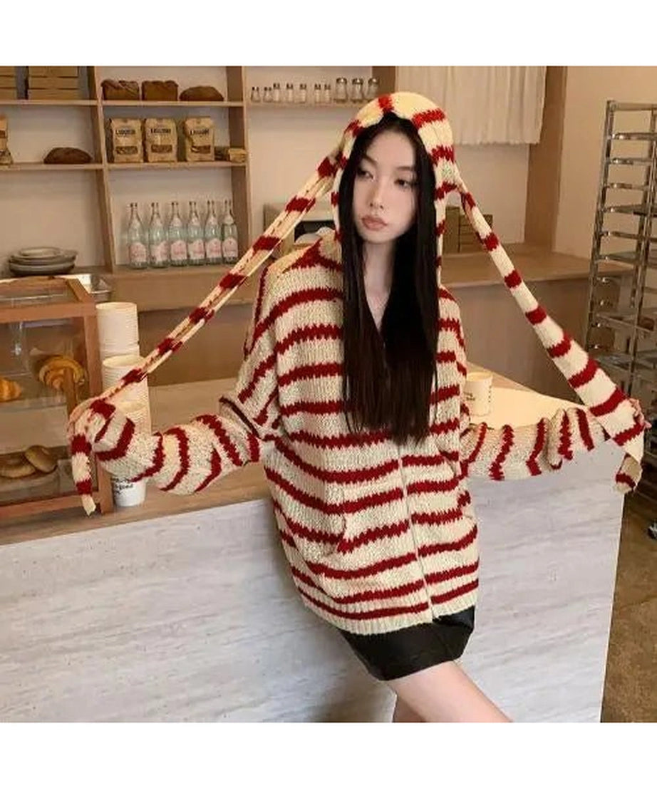 Cozy Striped Hooded Knit Cardigan - Cardigans