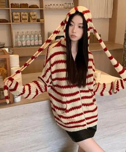 Cozy Striped Hooded Knit Cardigan - Cardigans