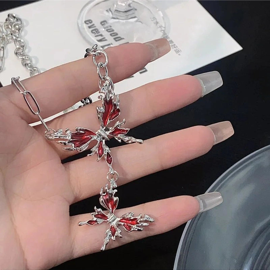 Edgy Crimson Butterfly Chain Necklace Shoptery