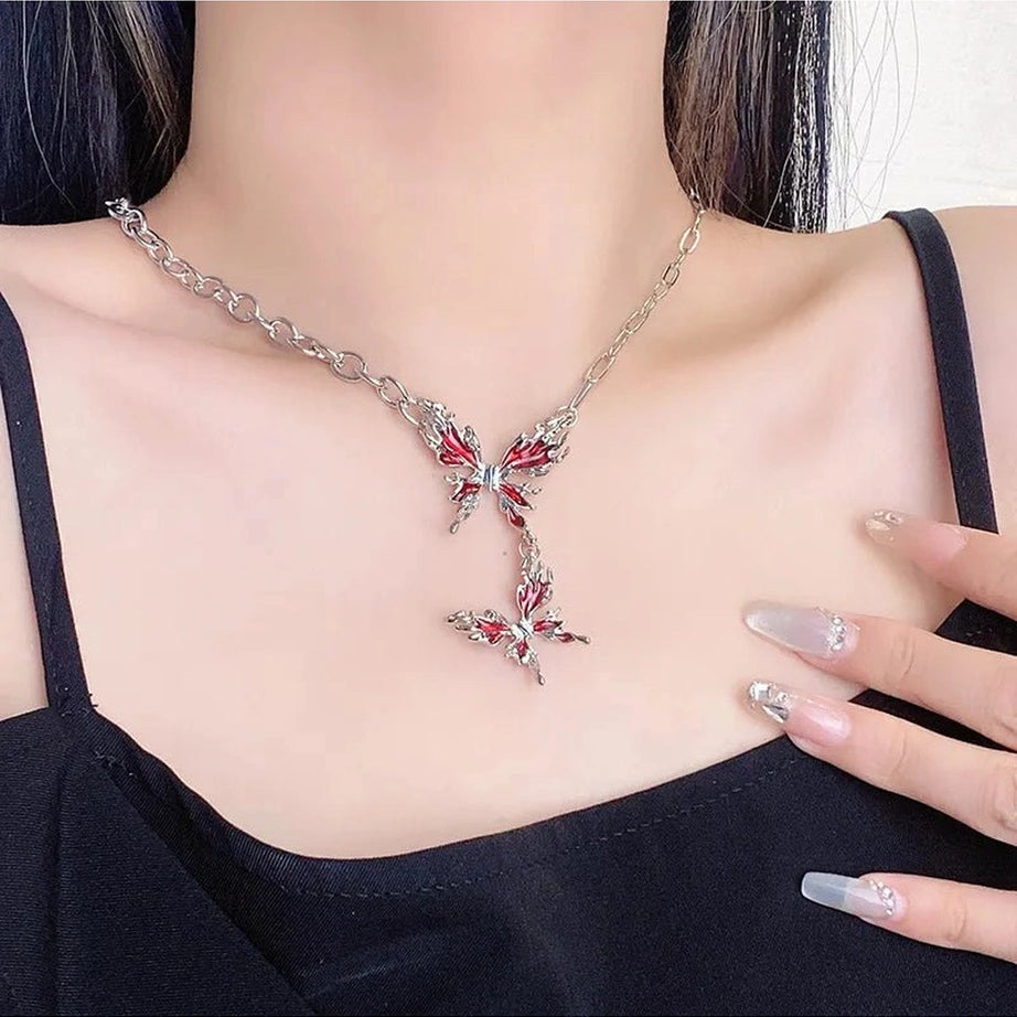 Edgy Crimson Butterfly Chain Necklace Shoptery