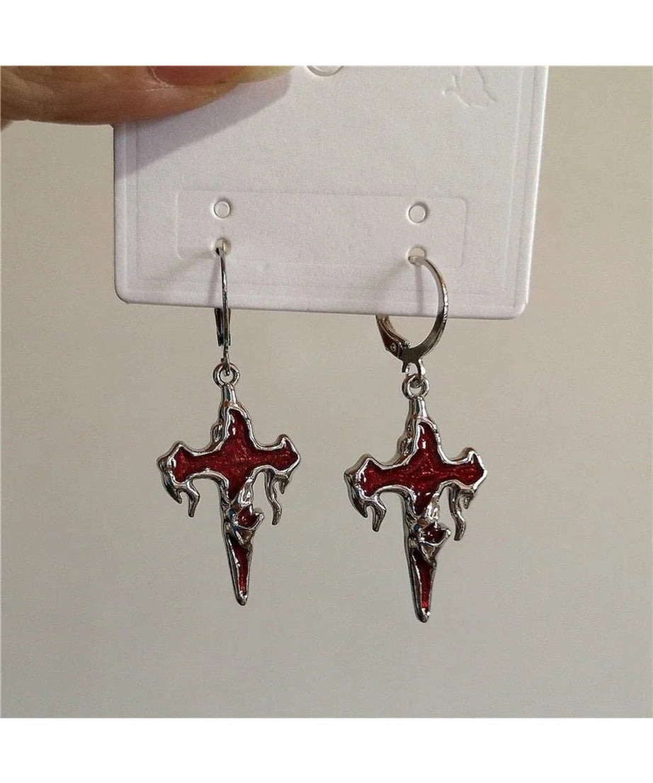 Crimson Gothic Cross Earrings - Earrings