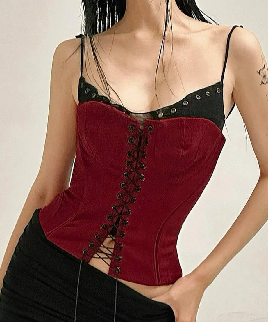 Crimson Lace - Up Corset Top - Shirts & Tops