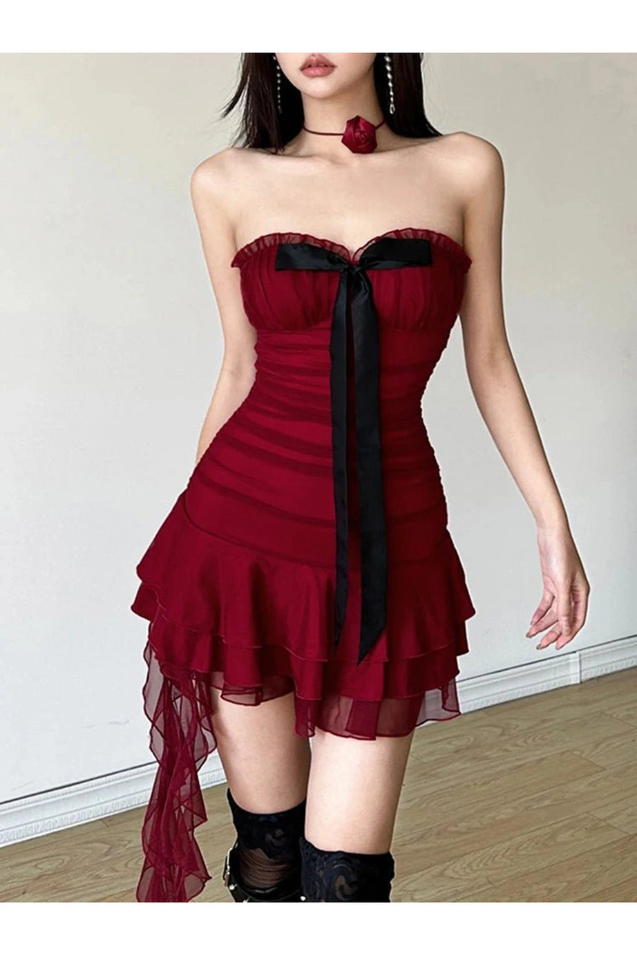 Crimson Ruffle Strapless Dress - Dresses