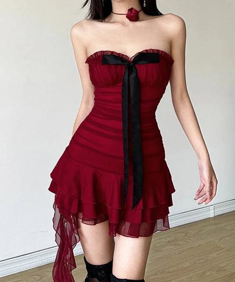 Crimson Ruffle Strapless Dress - Dresses