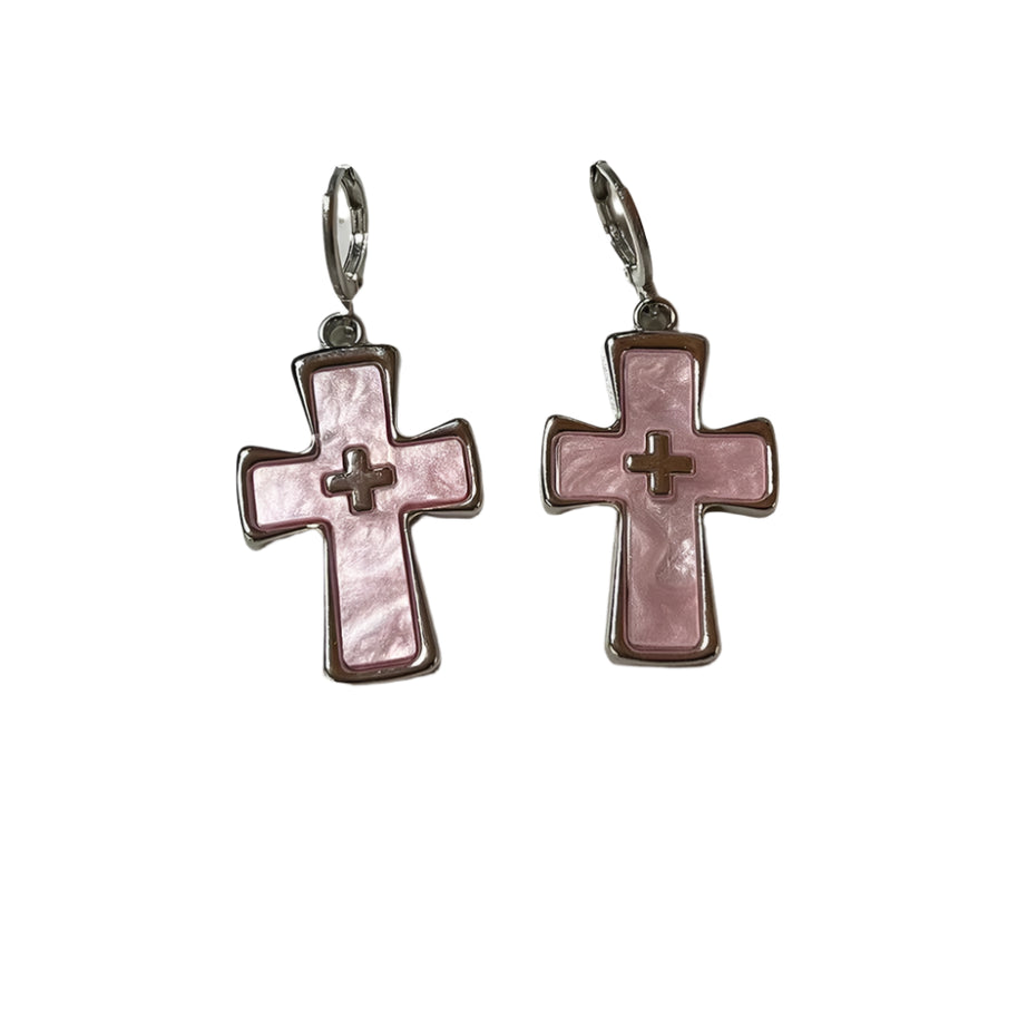 Cross Crystal Silver Earrings Pink Shoptery
