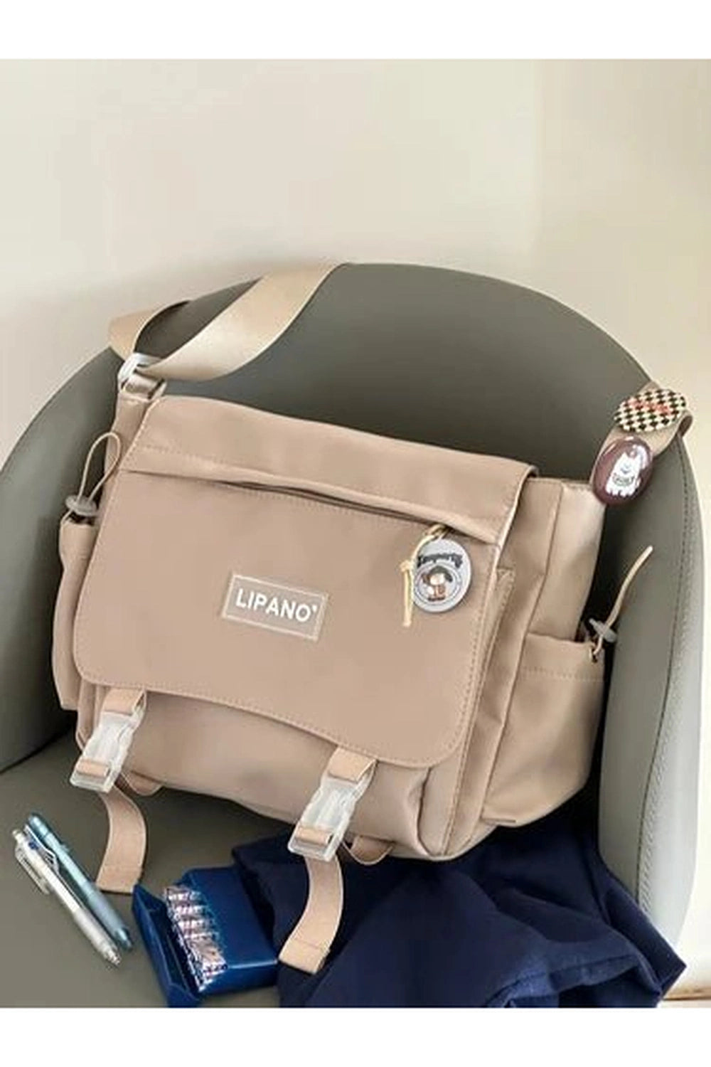 Aesthetic Crossbody School Bag Khaki 3 Random Pins Shoptery