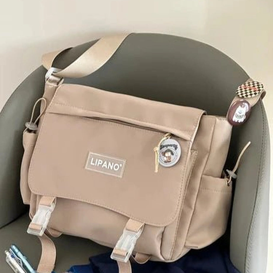 Aesthetic Crossbody School Bag Khaki 3 Random Pins Shoptery