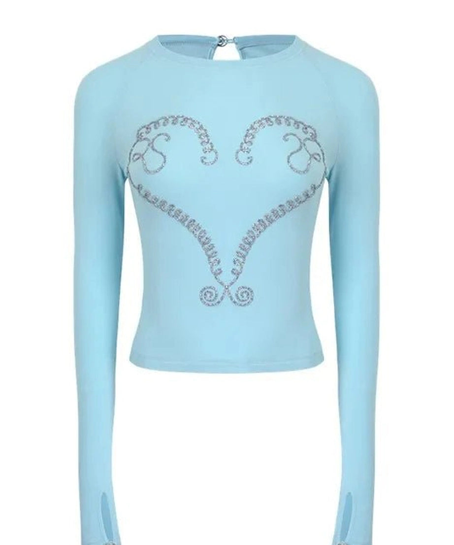 Crystal Heart Long Sleeve Crop Top - Crop Tops