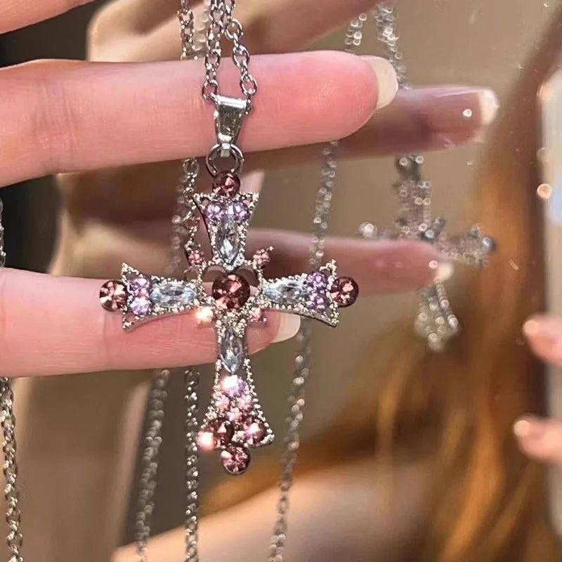 Crystal Rose Gothic Cross Necklace Shoptery
