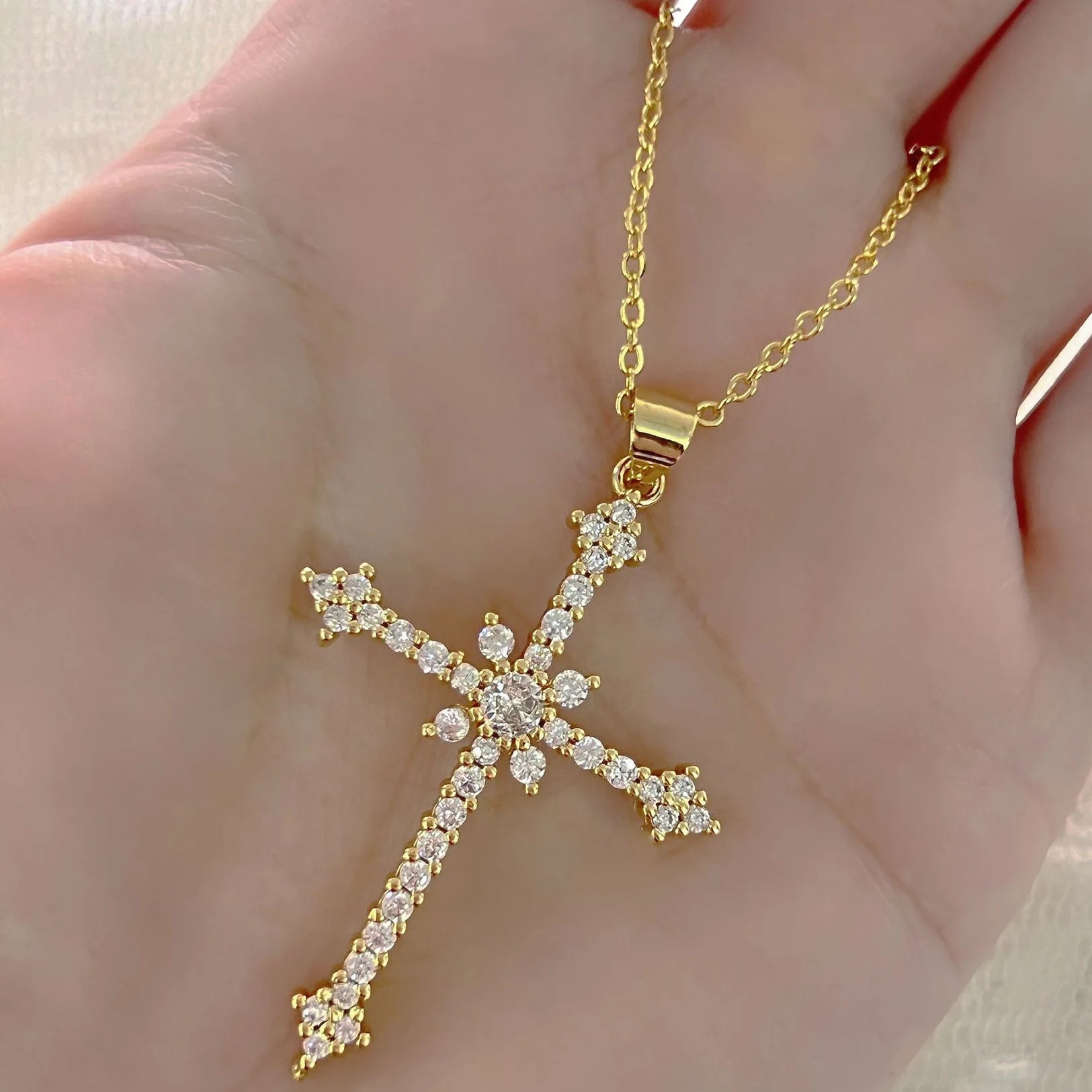 Crystal Rose Gothic Cross Necklace NQQ103 Shoptery