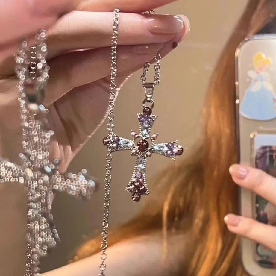 Crystal Rose Gothic Cross Necklace Shoptery