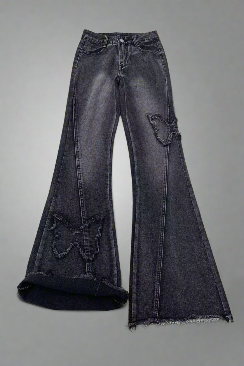 Y2k Dark Butterfly Flare Jeans black Shoptery
