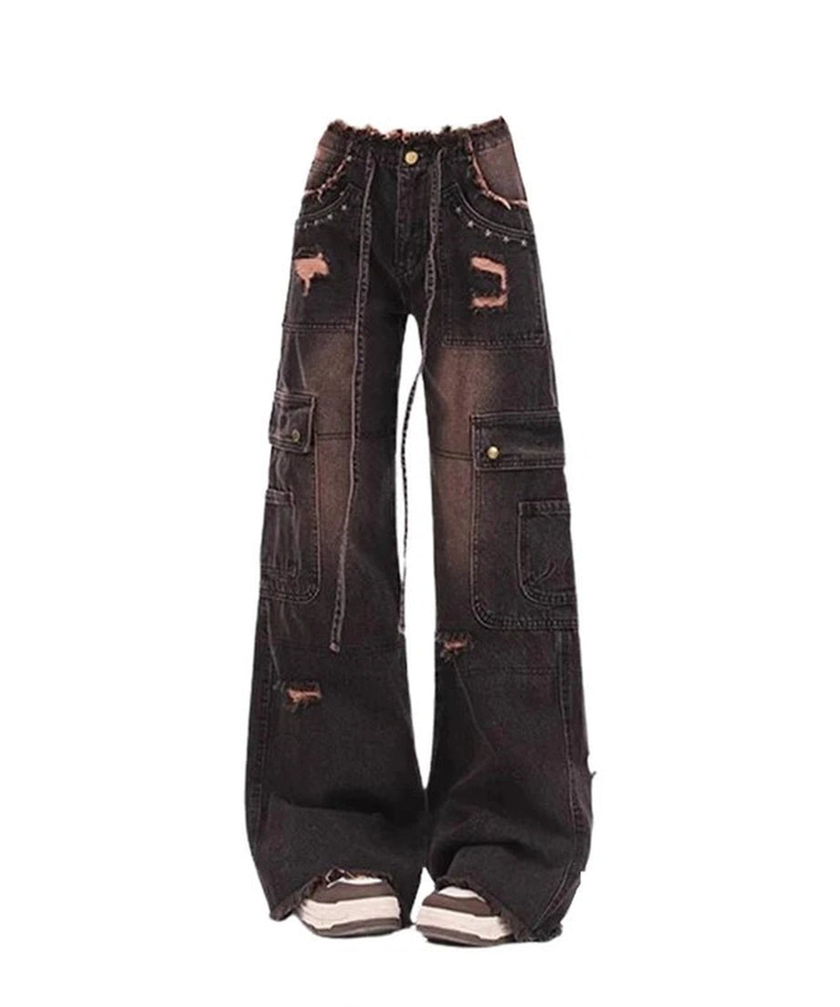 Dark Cargo Distressed Jeans - Jeans