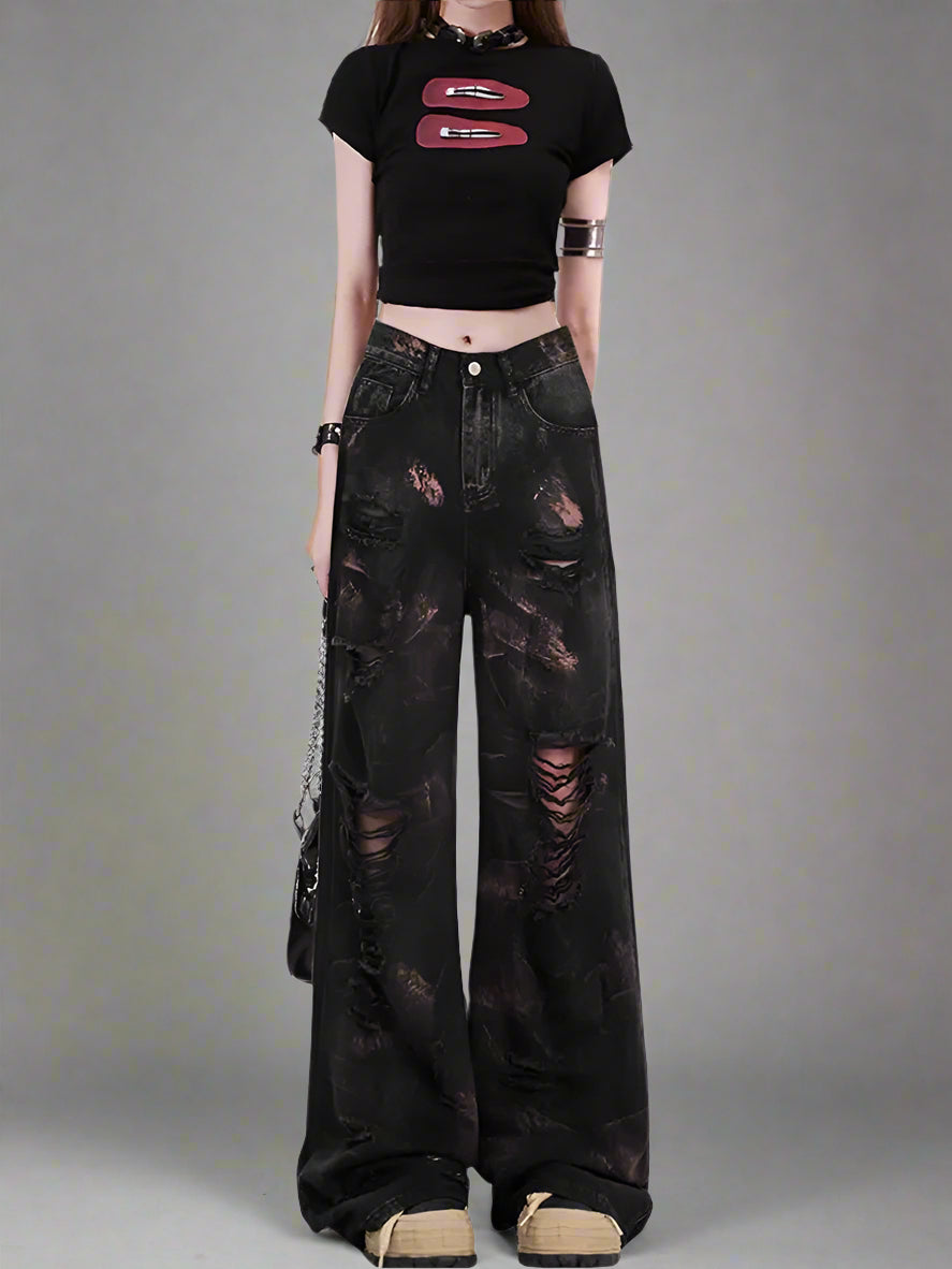 Dark Distortion Ripped Edgy Jeans Black Shoptery